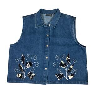 Shelly & Arnold Vintage Y2K Denim Vest Size 2X Blue Embroidered Appliqué Leaves
